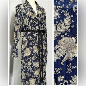 VTG 90s Talbots Silk Midi Dress Shirtdress Paisley Navy Blue Ling Sleeve 6/8